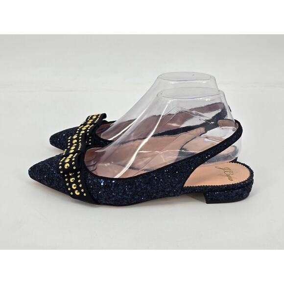 J.Crew Navy Glitter Gwen Slingback Flats with Studded Bow – Size 8 - Picture 3 of 8